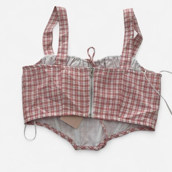 Red Pink Plaid Bow Corset Top – Coquette Girly Prep Aesthetic (Size S, NWT) - Picture 4 of 4